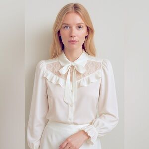 Women’s Ivory Lace Yoke Bow Blouse